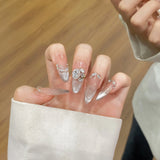 Shopmocho 10Pcs Reuse Finished Fake Nails with Butterfly Deisgn Pink Cat's Eye French Handmade Press on False Nails Wearable Nail Art Tips