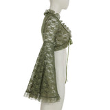 SHOPMOCHO-Green Y2K Mori Girl Flared Sleeve Cardigan For Women Tie-up Lace Cover-Ups Perspective Ruffes Cropped Shirts Coquette