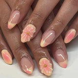 Shopmocho Pink Yellow Halo Dyeing Flower Water Ripple Summer False Nails Leopard Long Pointed Fake Nails Art Press on Nails Charm Manicure
