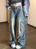 Shopmocho Female Jean Spliced Pockets Cargo Pants Washed Denim High Waist Full Length Jeans Loose Solid Basics Patchwork Distressed