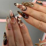 Shopmocho Pink Yellow Halo Dyeing Flower Water Ripple Summer False Nails Leopard Long Pointed Fake Nails Art Press on Nails Charm Manicure