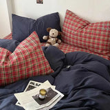 SHOPMOCHO Bedding Set Ins Ambiance Blue Coffee Grid Mixed With Washed Cotton Minimalist Four Piece Set Fitted Sheets Duvet Cover
