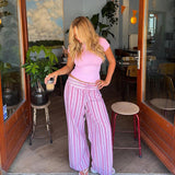 Shopmocho Striped Lace Up Women Vest Pants Set Summer Sleeveless Backless Slim Lady Top Sets 2025 Fashion Straight Casual Female Pant Suit
