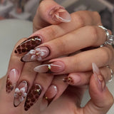 SHOPMOCHO 24pcs White Flower Fake Nail Tips Ins Yellow Pink Blush False Nails Wearable Full Cover European Almond Shaped Press on Nails