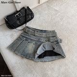SHOPMOCHO Y2k Vintage Streetwear Sexy Denim Skirts Women American Belt Buckle High Waist Pleated Skirt Hottie All-match Short Skirt Summer