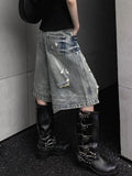 SHOPMOCHO American Street Washed Blue Denim Shorts Y2k E-Girl High Waist Loose Wide Leg Jeans 2026 New Hole Straight Knee-Length Pants