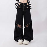 Shopmocho American Individualized Spicy Girl Hollow Out Workwear Pants for Women Fashion Zipper Two Wear Design Casual Versatile Trousers