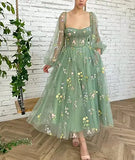 Shopmocho Prom Dresses Green Fairy Puffy Sleeve Lace Embroidery Tulle Formal Evening Party Gown Elegant Tea Lengt Robe De Soiré