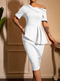 Shopmocho Women Off Shoulder Dress Elegant Asymmetric Neckline Bodycon Dress Fashionable Party Cocktail MIDI Dresses