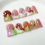 Shopmocho Y2K Retro Handmade Duck False Nails Nude Pink French Tips with Handcrafted Mushroom Aurora Butterfly Pearl Design Fake Nail