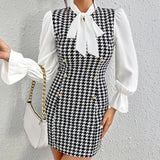 Shopmocho Sexy Temperament New Color Contrast Print Casual Summer Bow Tie Slim Long-sleeved Dress