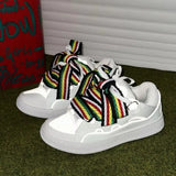 SHOPMOCHO Black White Mixed Colors Couple Casual Sneakers Novelly Reflective Thick Sole Lace-Up Walking Shoes Breathable Women Men Shoes