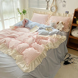 SHOPMOCHO Ruffled Pink Blue Duvet Cover Set Twin Queen Washed Microfiber Ultra Soft Bedding set Grid Duvet Cover Bed Sheet 2 Pillowcases