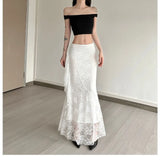 SHOPMOCHO-SylCue Lace Patchwork Skirts Women High Waist Hip-Covering Irregular Casual Fashion Creamy Sweet Style Ruched Elegant Outfits