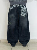 SHOPMOCHO American Fashion Printing Jeans Hip Hop Baggy Cross-legged Jeans Grey Wash Straight Mop Pants Men and Women