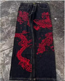SHOPMOCHO New White Jeans Y2K Dragon Pattern Mens American High Street Retro Korean Straight Pants Harajuku Hip-Hop Couple Wide Pants
