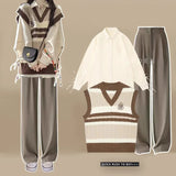 Shopmocho Preppy Style Spring Autumn Women Knit Vest Bandage Shirts Wide Leg Pants Three Piece Set Lady Patchwork Tank Sweater Jeans Suits