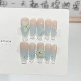 SHOPMOCHO 10pcs Aurora Cat Eye Handmade Press on Nails Pink Cherry Blossom False Nails Crystal Flower Pearl Fake Nails French Coffin Nail