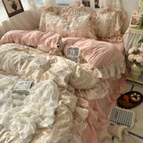 SHOPMOCHO 3/4Pcs Korean Princess Style Floral Ruffles Bedding Set Skin-friendly Soft Duvet Cover Set Bed Sheet Or Bed Skirt Pillowcases
