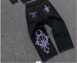 Shopmocho American Y2k Gothic Punk Pocket Embroidered Jeans Harajuku Retro Blue Loose Jeans Fashionable High Waist Slimming Wide Leg Pants