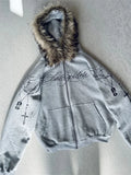 Shopmocho Winter Fashion Streetwear Women's Gothic Punk Faux Fur Hooded Jacket With Cross Print Trendy Edgy Zip - Up Sweatshirt 2025 New