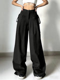 SHOPMOCHO Women's Black High Waist Wide Leg Suit Pants Pleated Front Side Tie Detail Loose Fit Casual Streetwear Spring Summer Trousers