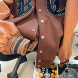 SHOPMOCHO American New Retro Letter Flocking Splicing Jacket Female Y2K High Street Fashion Hip-hop Loose Tooling Baseball Uniform Jacket