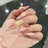 SHOPMOCHO 10Pcs Fashion Gentle Handwork Press On Nails French Style Flowers Butterfly Rhinestone Pearl Design Detachable False Nails Gift