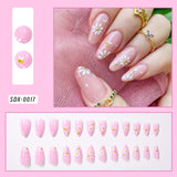 Shopmocho 24Pcs Gold Ripple Brown Flowers False Nails with Rhinestones Pearl Design Wearable Almond False Nails Full Cover Press on Nails