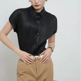 Shopmocho Miyake Pleated Cardigan Single Breasted Short Sleeve Polo Shirt Women Spring Summer Korean Fashion Causal Comfortable Clothing