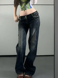 SHOPMOCHO American Fashion High Street Large Size Butterfly Embroidered Women Jeans Y2K Millennium Harajuku Slim Flared Jeans