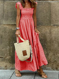 Shopmocho Elegant Plaid Slip Maxi Long Dress Summer Women Strapless Ruffle Backless Pleated Elastic Waist Boho Party Swing Loose Dresses