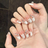 Shopmocho 10pcs Handmade Press on Nails French Cat Eye Pink Bow Decor Korean False Nails Wearable Full Cover Ins Almond False Nail Tips