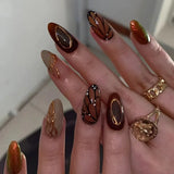 SHOPMOCHO 24Pcs Short Almond Fake Nails Butterfly Wings Nail Art with Glue Glitter Flower False Nails Acrylic Autumn Winter Press on Nail