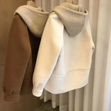 Shopmocho Plus Size Large Size Autumn Winter Women's Jacket with Hood Patchwork Fake Two-Piece Loose Coat Stylish And Elegant Outerwear