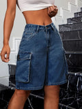 SHOPMOCHO Vintage Blue Denim Shorts Women Summer Casual Loose Jean Multi Pockets Vacation Beach Streetwear Trendy Solid Color Shorts