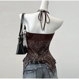 SHOPMOCHO Pink Sexy Spicy Girl Neck Hanging Strap Vest Women's Printed Mesh Splice Slim Fit Bared Chest Top Elegant Commute Style 2026