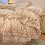 SHOPMOCHO 2/3Pc Korean Princess Style Floral Ruffles Bedding Set Single Queen Size Soft Skin-friendly Washed Cotton Duvet Cover Pillowcase