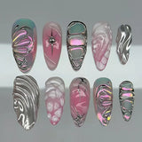 SHOPMOCHO 24Pcs Black Y2k Long False Nails with Almond Head Design Cat's Eye Silver Stripe Pattern Press on Fake Nails Wearable Nail Tips