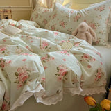 SHOPMOCHO Washed Cotton Duvet Cover Sets Single/Queen/king Flower Printed Bedding Set Princess Style e housse de couette 220x240 with Lace