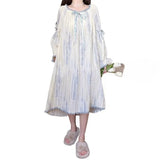 SHOPMOCHO Women Pajamas Dress Princess Style Sweet Long Sleeve Nightdress Round Neck Wide Striped Bow Cute Girly Midi Dress Night Wear
