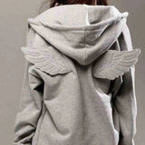 SHOPMOCHO Women Grey Angel Wing Embroidered Hoodie Cute Kawaii Pullover Sweatshirt Wing Decoration Back Y2K Street Harajuku Loose Pullover