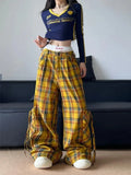 Shopmocho American Style Streetwear Large Pocket Red Plaid Work Casual Pants Women's Winter 2025 New Loose-Fit Wide-Leg Drag Pants