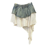 SHOPMOCHO-Retro Spliced Denim Pleated Skirt for Women Summer New Temperament Hot Girl Fashionable High Waist A-line Skirt