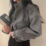 Shopmocho Autumn Winter Loose Woolen Coat Women Large Size with Pockets Small Stand Collar Long Sleeve Button Hong Style Women's Clothing