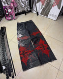 SHOPMOCHO Y2K Goth Streetwear Cargo Pants Beige Wide Leg Trousers with Red Floral Graffiti Print Loose Fit Casual Punk Hip Hop Bottoms
