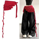 SHOPMOCHO Embroidered Flower Lace Mini Skirt Irregular See Through Ruched Skirts Lace-up Design High Waist Pleated Skirts
