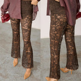 SHOPMOCHO-Stylish See-Through Lace Flare Pants Womens High Rise Elastic Waist Bell-Bottoms Spring Summer Streetwear Long Trousers