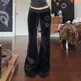 SHOPMOCHO-Rhinestones Star Velvet Flared Pants Y2K Aesthetic High Waist Baggy Sweatpants Jogging Casual Basic Boot Cut Trousers