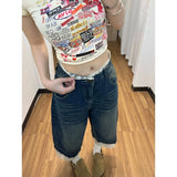 SHOPMOCHO American Retro Lace Denim Shorts Women Summer New Fashion Washed Splice Seven-Quarter Wide Leg Jeans Trendy Mid-Length Pants